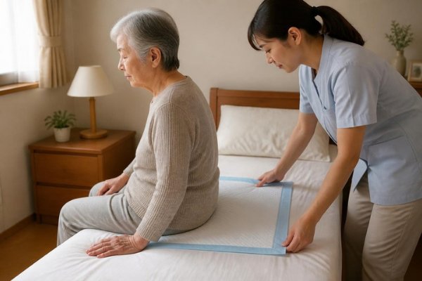 Caregiver placing an underpad under an elderly resident sitting on a care home bed