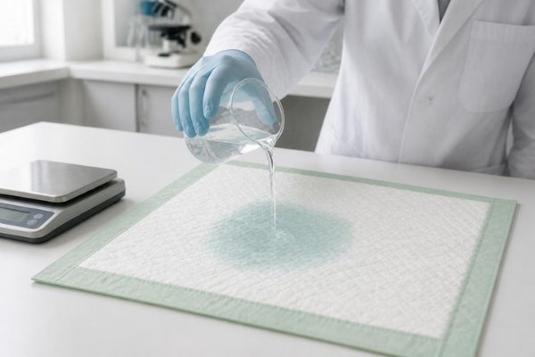 Laboratory absorption test: water poured from a beaker onto a green-backed underpad next to a scale
